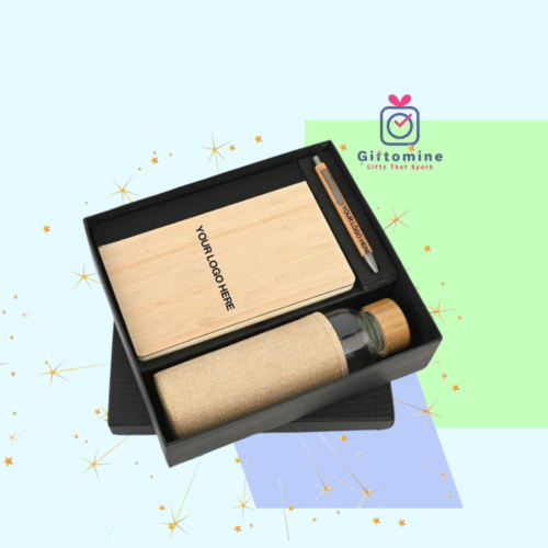 Eco-Premium 3-in-1 Gift Set – Diary, Metal Pen & Wooden Glass Bottle